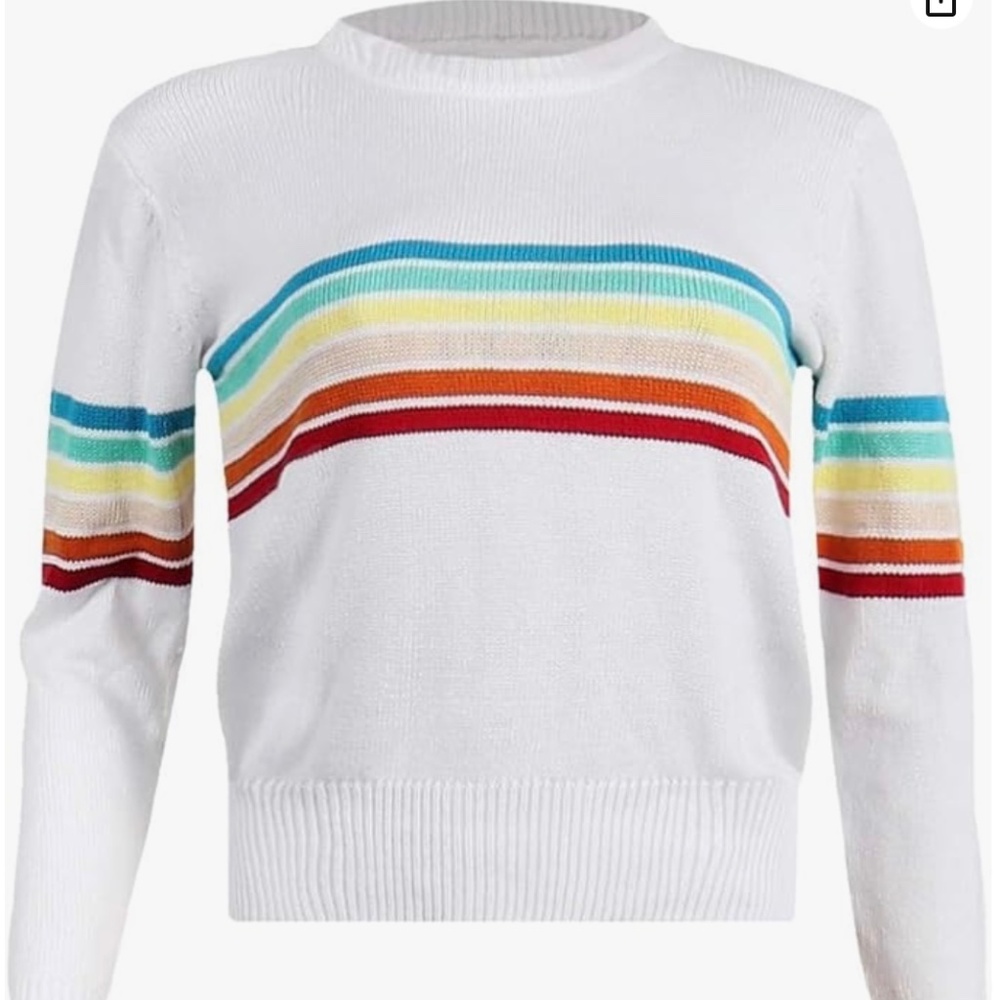New Women’s Crewneck Sweater Retro White with Rainbow Stripes Long Sleeve Small